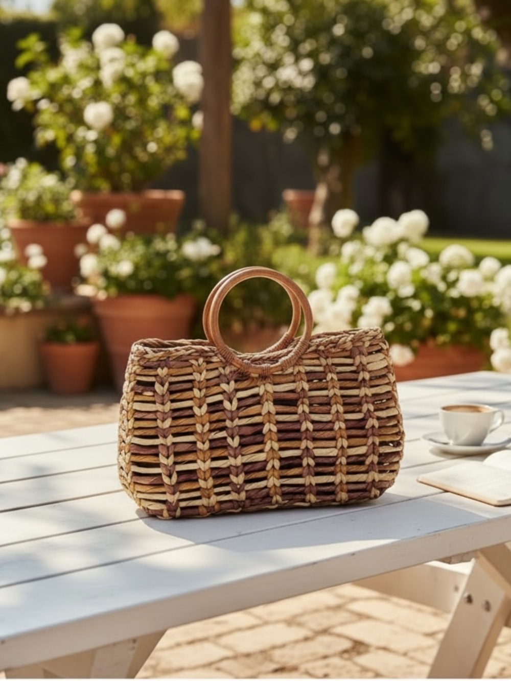 Wicker bamboo natural basket weave top handle vacation bohemian bag purse